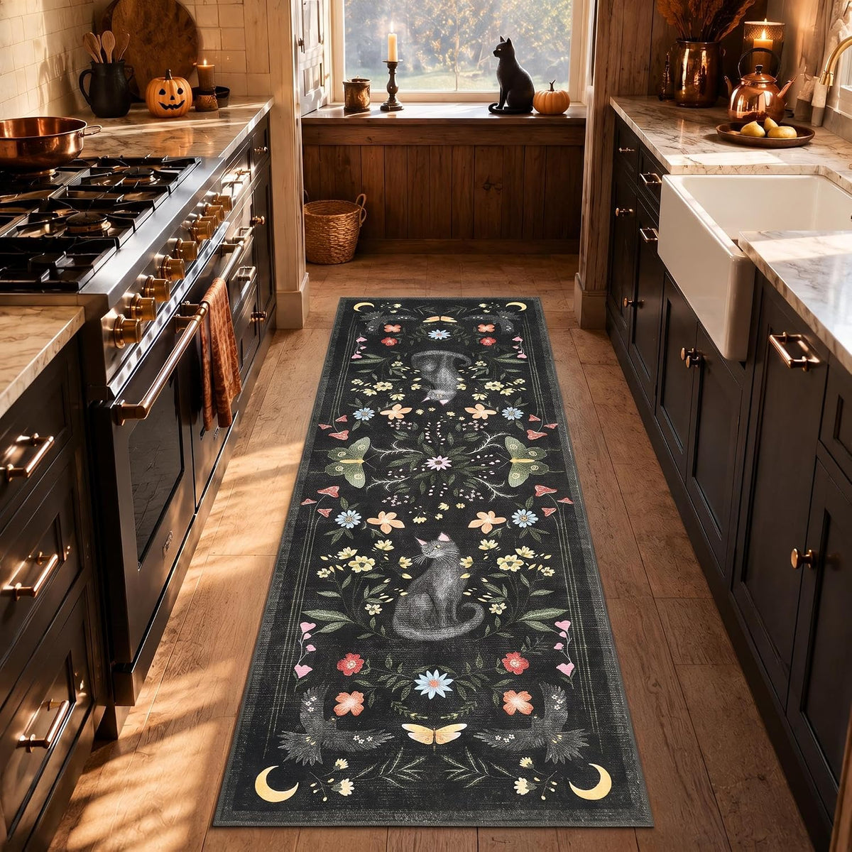 Garveehome 2X6 Cat Washable Runner Rug for Kitchen, Soft Black Hallway Runner Non Slip Mushroom Moths Entryway Rug Floral Laundry Mat Stain Resistant Carpet for Bedroom Bathroom beside Rug