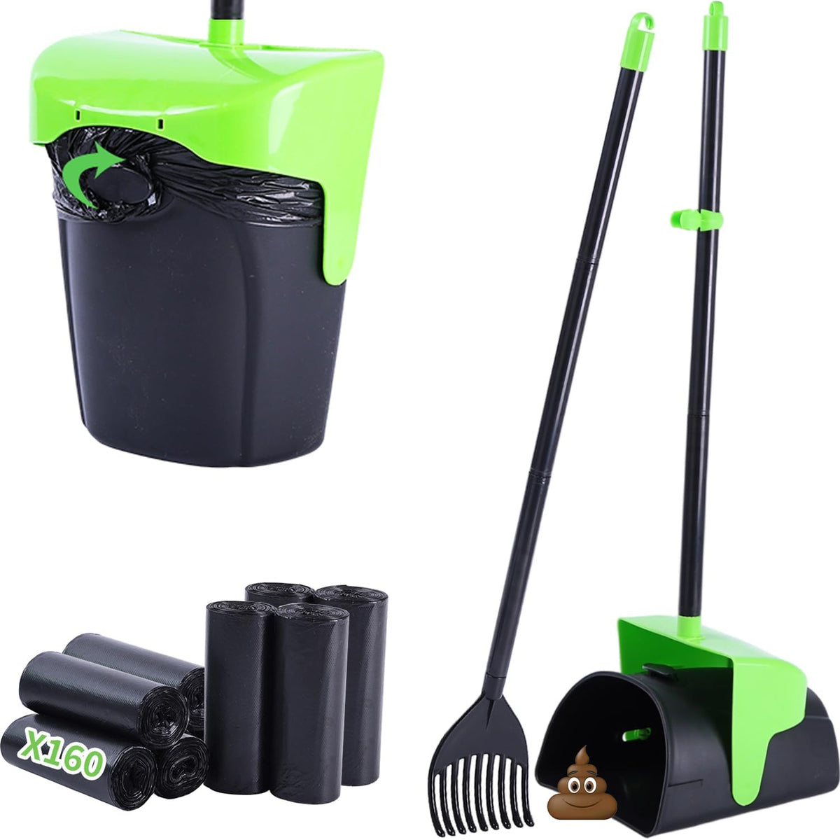 Ienjoyed Pooper Scooper Large Swivel Bin & Rake with 160 Waste Bags,Heavy Duty Dog Pooper Scooper with Bag Attachment for Dogs, Long Handle Poop Scooper with Lid for Yard, Grass, Gravel(Green)