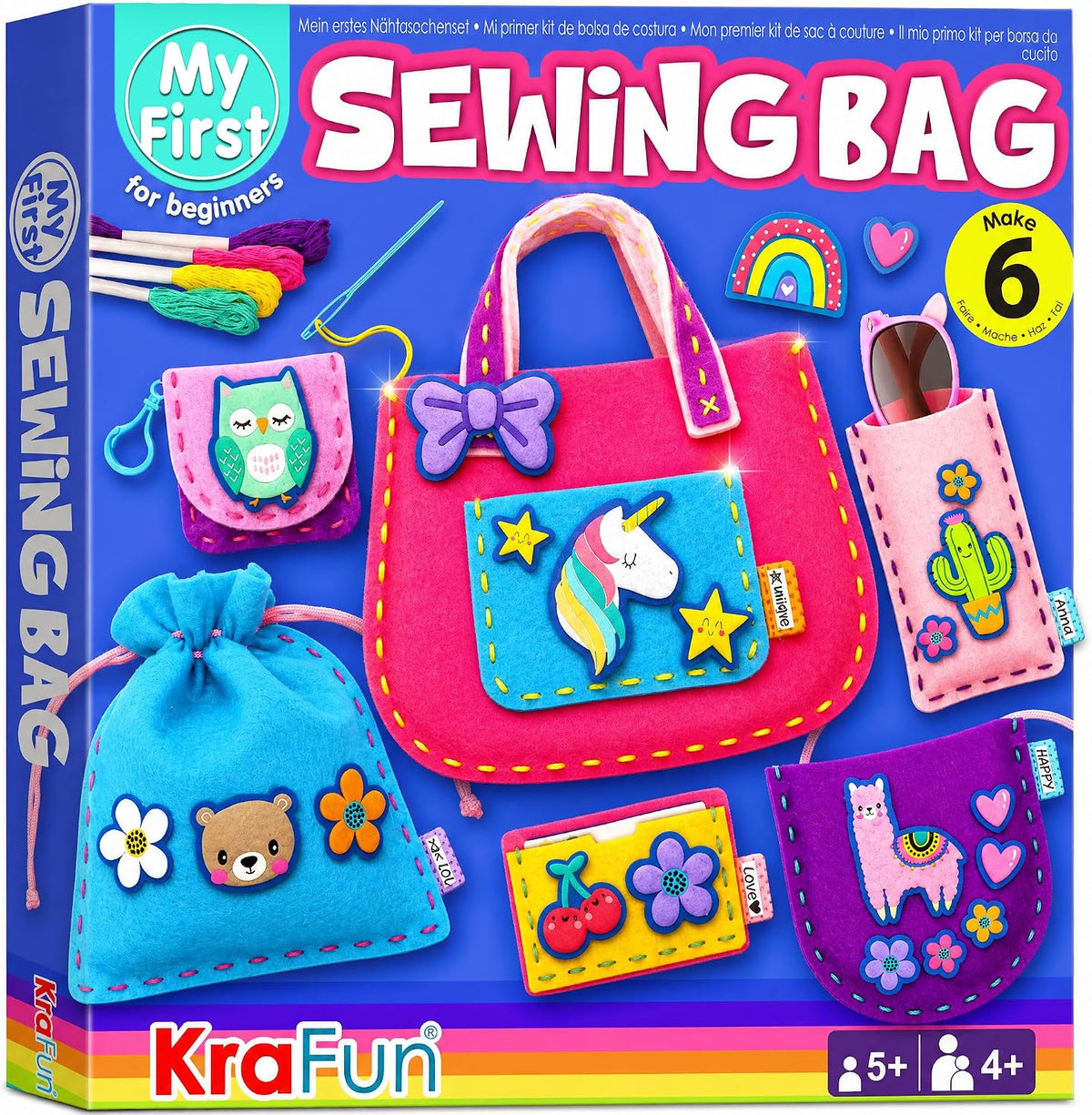 KRAFUN Sewing Bag Kit for Beginner Kids - 6 Animal Themed Projects Age 6+