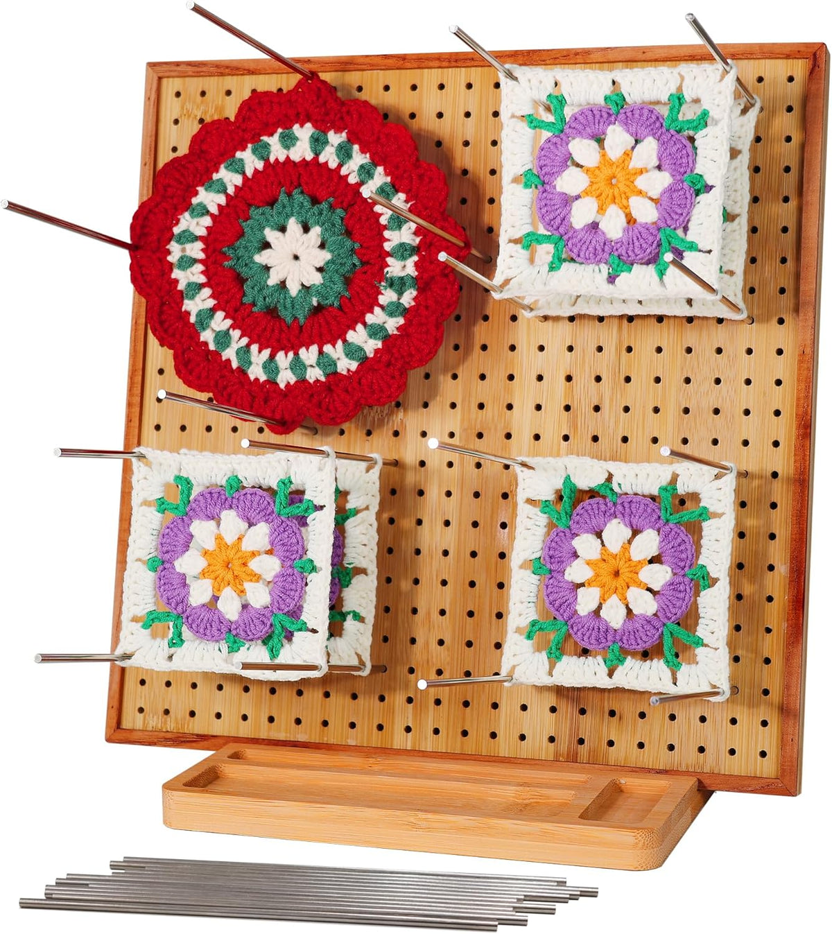 Hhsarioneiro 11.8" Crochet Blocking Board with 16 Pins/Pegs, Granny Square Blocking Boards for Crochet Projects, Wooden Crocheting Accessories Gifts for Crocheters