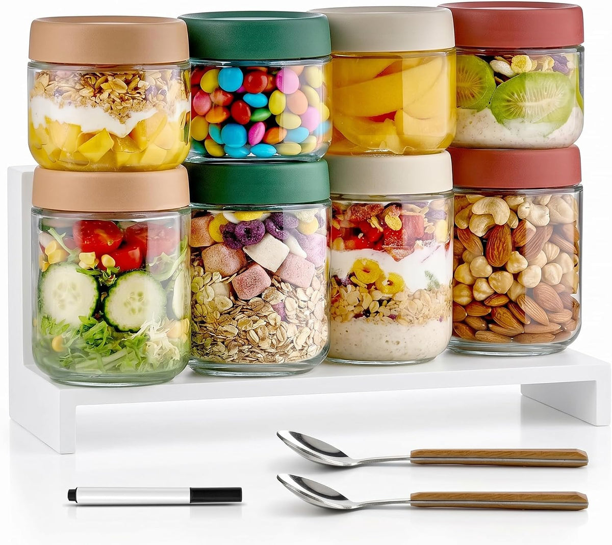 Qipecedm® 8 Pack Overnight Oats Containers with Lids, Large & Small Glass Mason Jars 16Oz & 10 Oz, Breakfast Oatmeal Container to Go, Salad Meal Prep Jars for Food Storage, Mush Chia Seed Pudding Jars