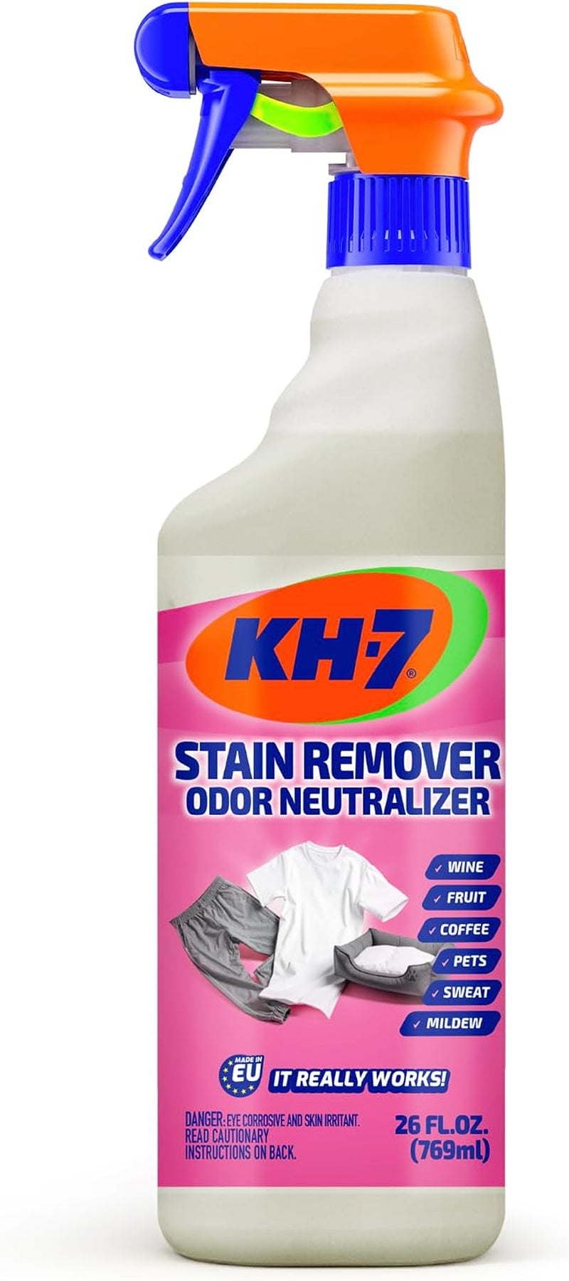 KH-7 Total Stain Remover & Odor Neutralizer – Bleaching-Agents-Powered Laundry Pre-Wash Spray for Tough Stains and Odors, Works on Wine, Chocolate, Tomato, Grease, Makeup & More, 26 Oz Spray.