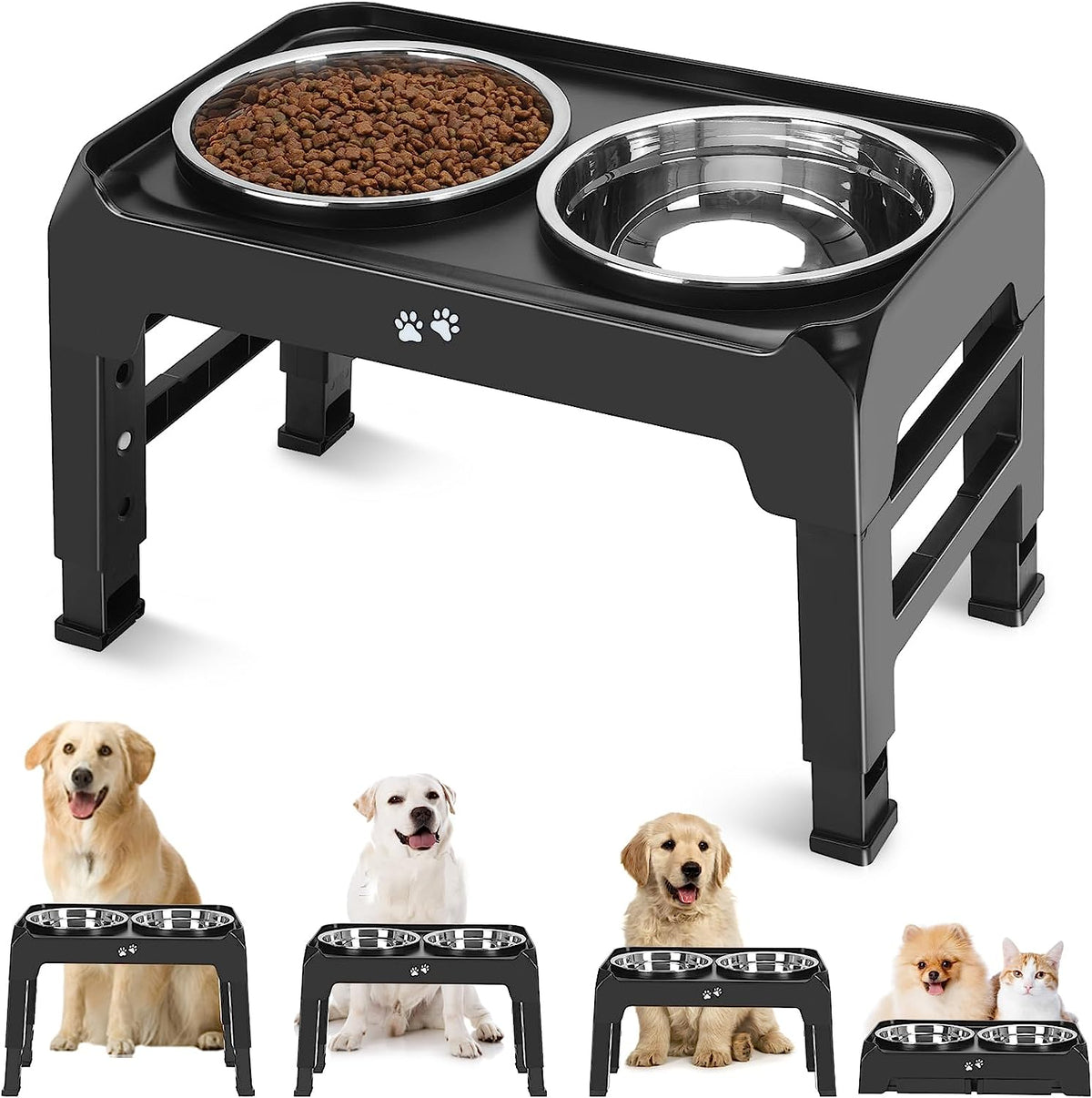 COMESOON Elevated Dog Bowls, 4 Height Adjustable Raised Bowl Stand with 2 Thick 50Oz Stainless Steel Food Bowls Non-Slip Feeder Adjusts to 3.7'', 9.2'', 10.75'', 12.36'' Black, (DB-W01)
