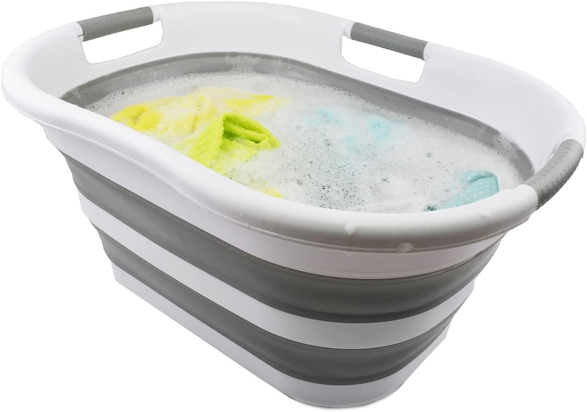 SAMMART 40L (10.5 Gallons) Collapsible Plastic Laundry Washing Tub - Foldable Pop up Laundry Basket/Hamper - Portable Washing Tub - Pop up Saving (White/Grey)