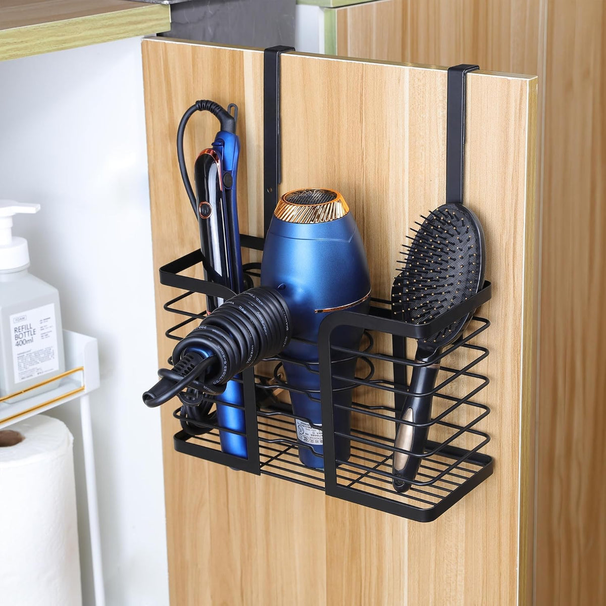 YIGII Hair Dryer Holder - Hair Tool Organizer 3-In-1 Blow Dryer Holder Adjustable Height, Bathroom Organizer Wall Mounted/Cabinet Door for Flat/Curling Irons, Hair Straighteners