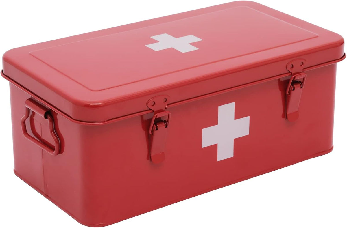 First Aid Medicine Box, First Aid Kit Supplies Bin, Metal Medicine Storage Tin, First Aid Empty Box with Safety Lock for Home Emergency Tool Set-Red