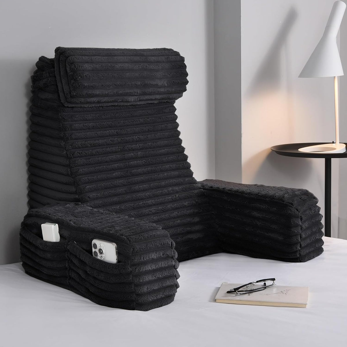 ENITYA 22" XL Back Pillow for Bed Sitting up with Armrests & Big Pockets