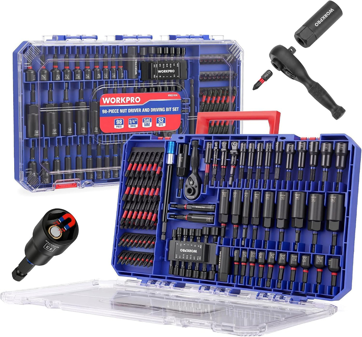 WORKPRO 98-Piece Magnetic Nut Driver Set, Impact Driver Bits, Metric & SAE