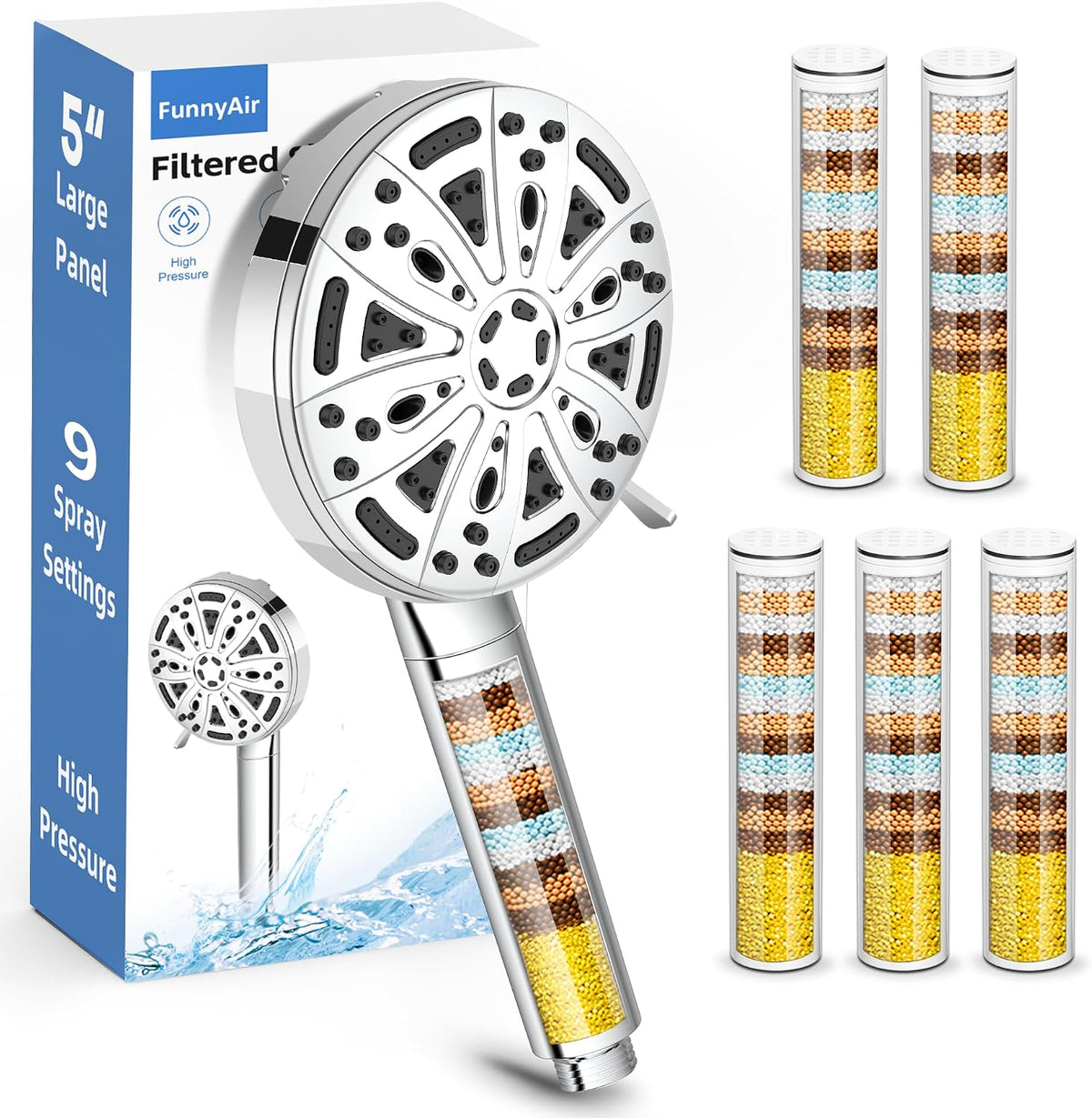 Filtered Shower Head with Handheld, 5 Filters, Hard Water Softener