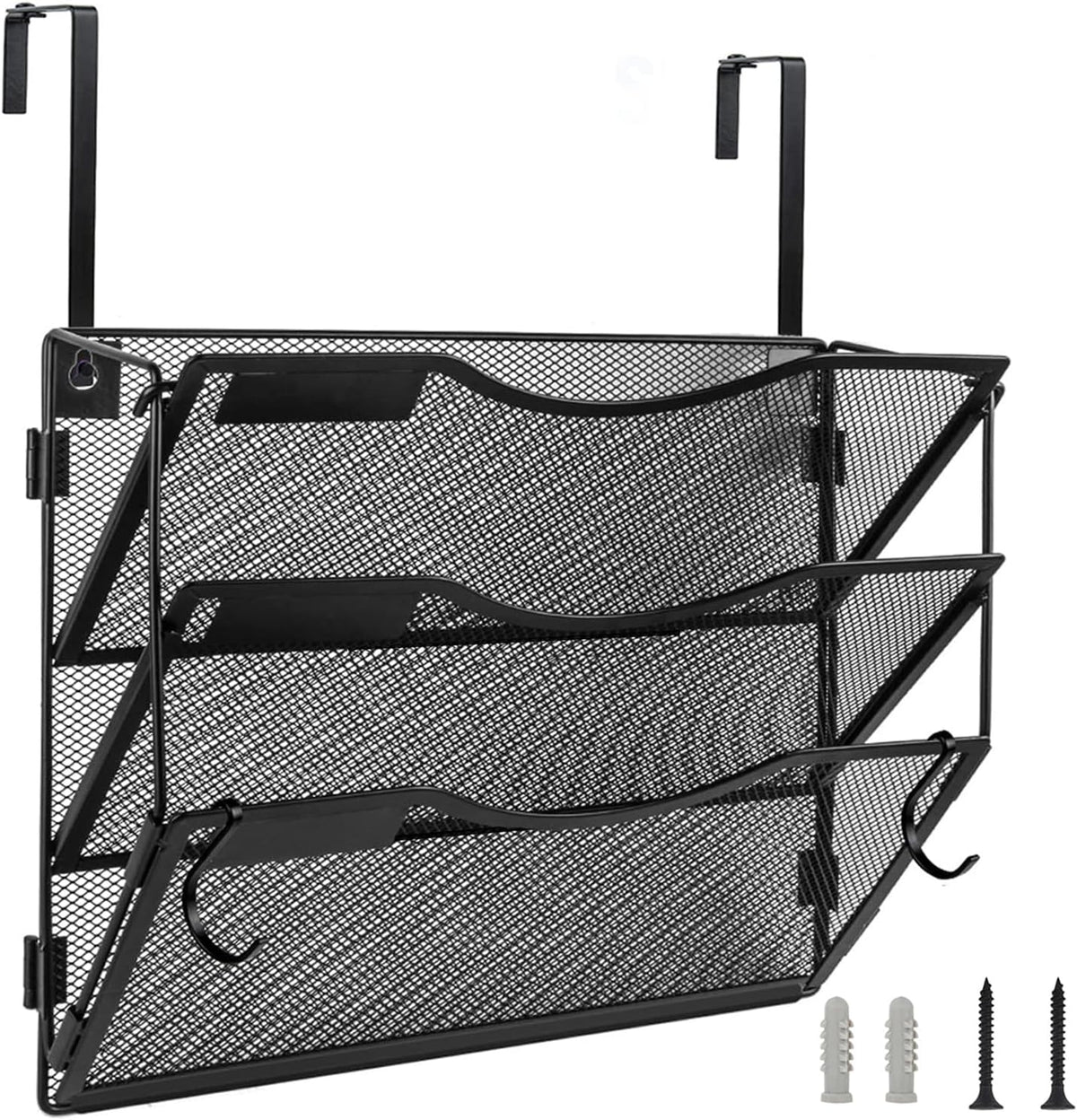 BOHDK Wall File Organizer 3 Pockets, Mail Organizer, Hanging Folder Holder, Foldable | Hanging or Wall Mounted | Label Panel | 2 Hooks | Office Home School Organizer, Black