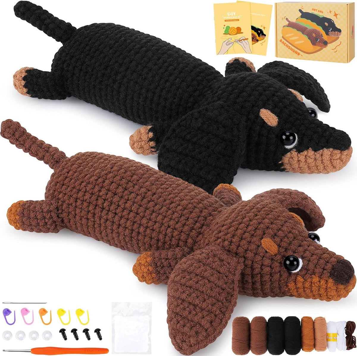 Fortunings JDS Crochet Kit for Beginners, 2 PCS Dachshund Crochet Kits