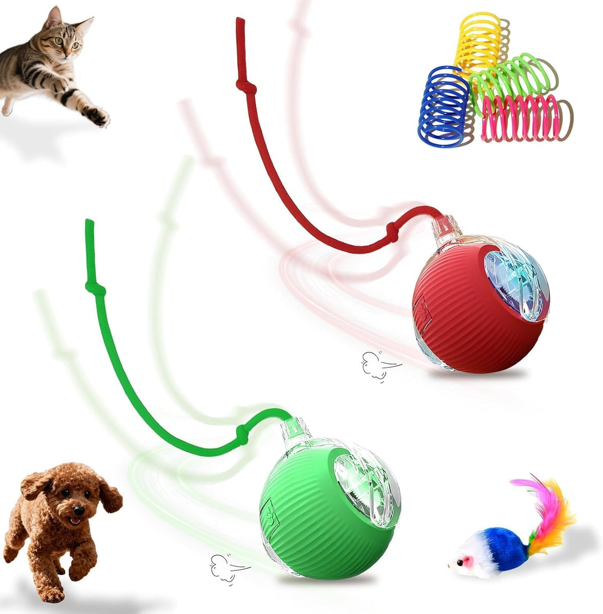 2-Pack USB Rechargeable Smart Cat Toy Ball, 360° Rotation Automatic Moving Chase Toy, Obstacle Avoidance Interactive Play with 4 Spiral Springs, Enrichment Toys for Indoor Cats, Puppies & Small Dogs