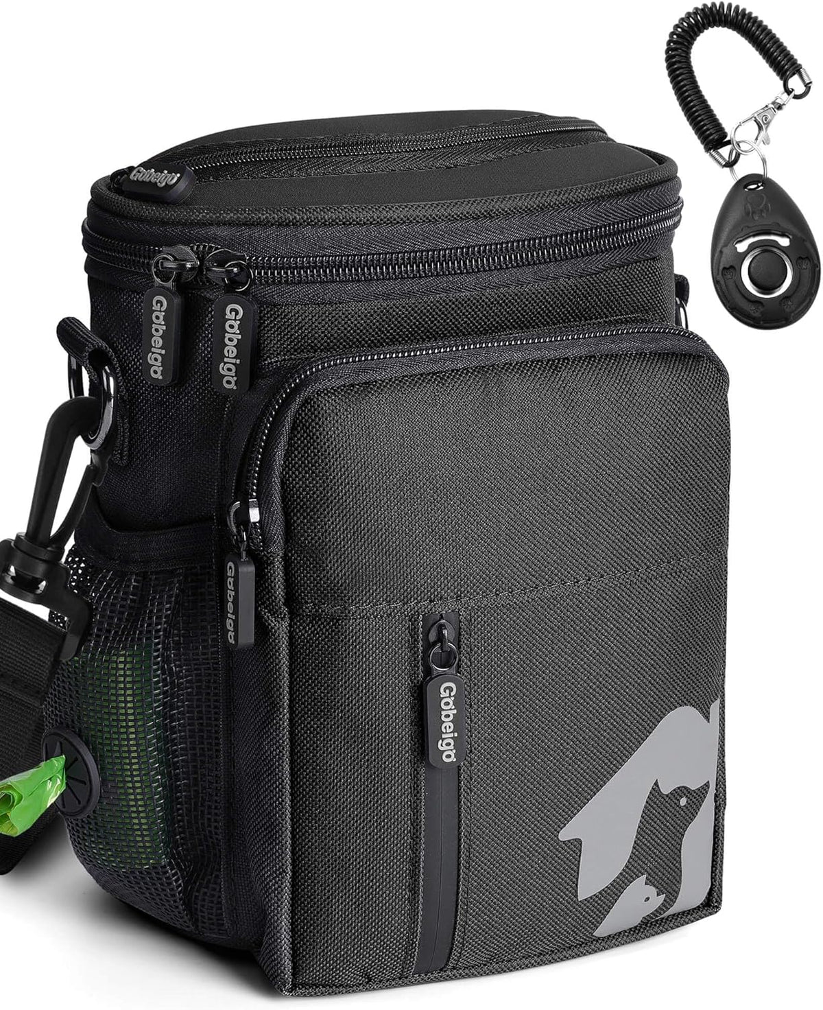 Gobeigo 8 Cup Dog Treat Pouch with Training Clicker(Full Black)