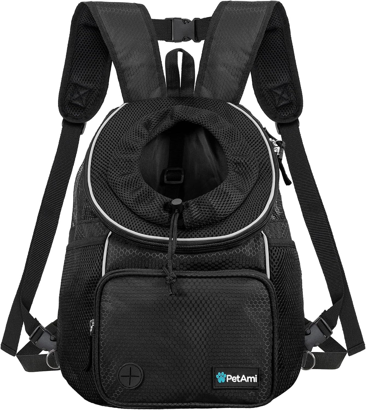 Petami Dog Front Carrier Backpack, Adjustable Dog Pet Cat Chest Carrier Backpack, Ventilated Dog Carrier for Hiking Camping Travel, Small Medium Dog Puppy Large Cat Carrying Bag, Max 15 Lbs, Black