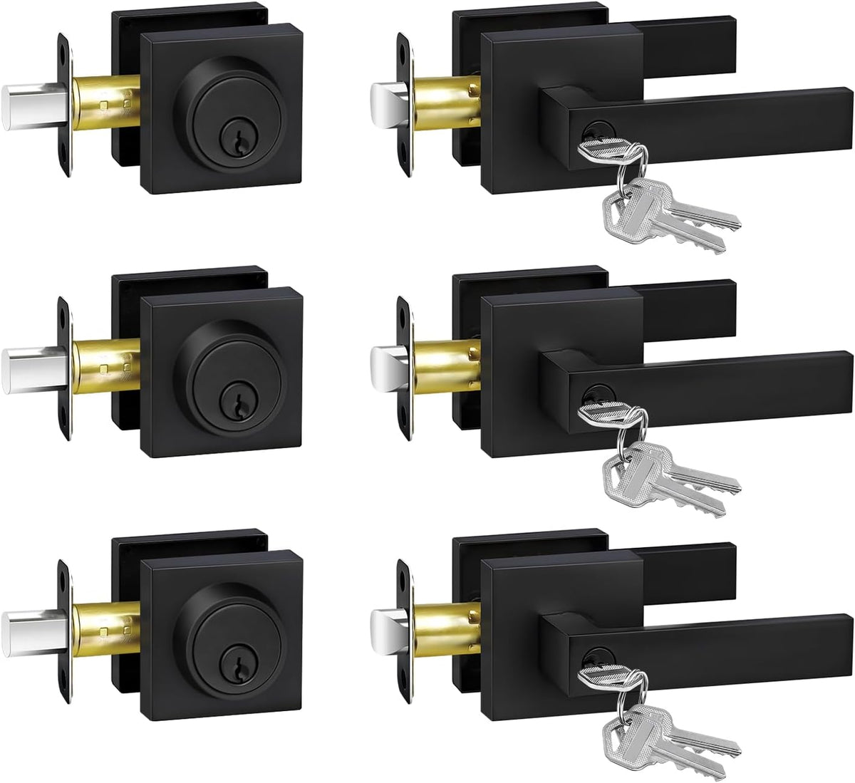 Exterior Door Lock Set with Deadbolt, Door Locks for Front Door with Single Cylinder Deadbolt Lock, Matte Black Door Handle with Lock and Key for Front Door, 3 Pack