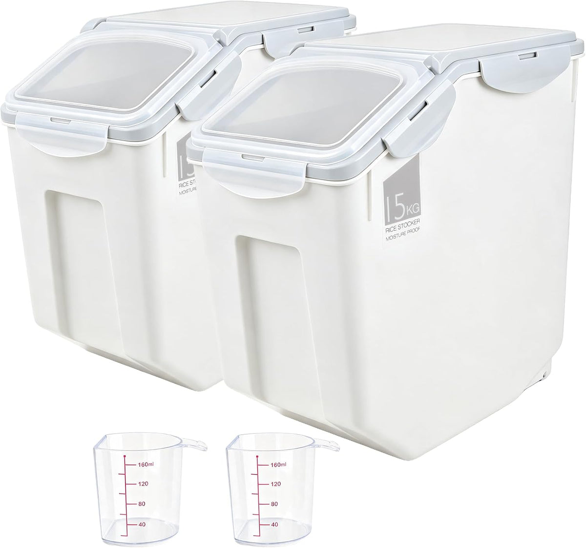 Food Storage Bins 25 Lbs,2 × 15L Flour Storage Container Bin with 2 Measuring Cups,Flour Storage Container with Wheels,Seal Locking Lid, for Flour, Rice, Sugar, Grain, Pet Food