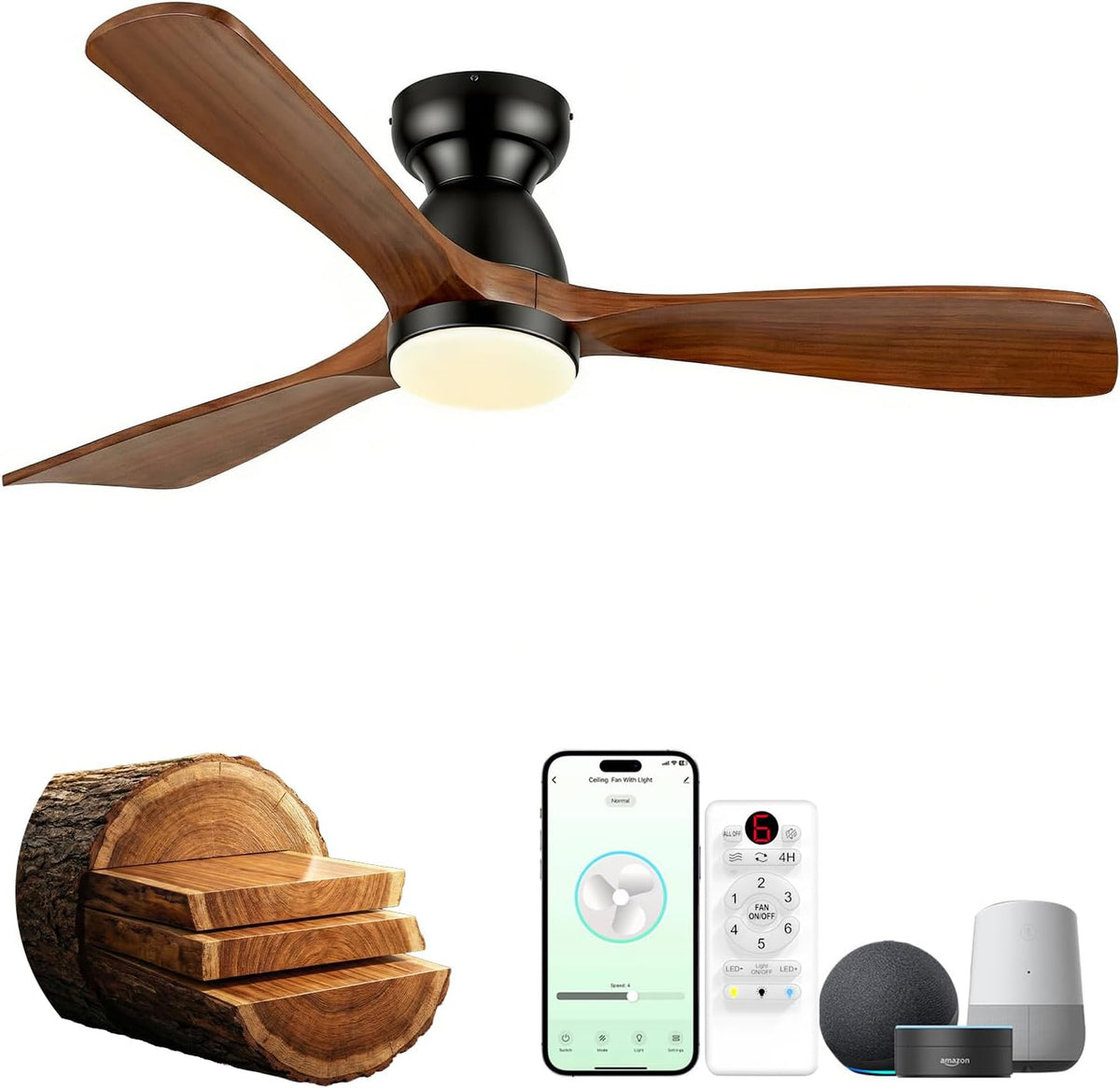 52In Smart Flush Mount Ceiling Fans with Lights,Outdoor Low Profile Wood Ceiling Fan Quiet DC Motor,Work with Alexa/Gg Voice Control/App/Remote,Dimmable,6-Speed,3 Wood Blades Fan for Patio,Dark Walnut