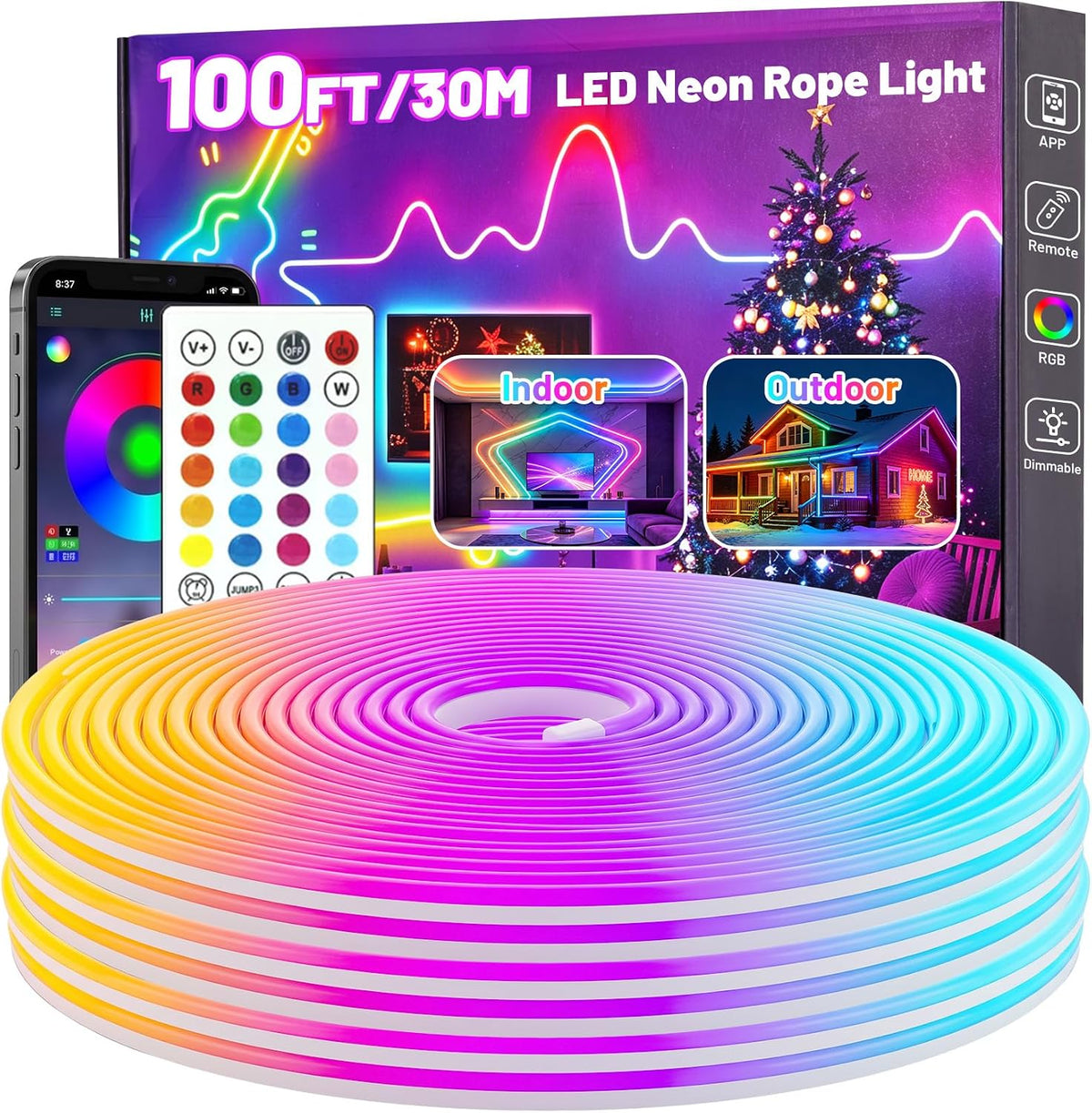 100FT RGB LED Neon Rope Lights (50FT* 2 Rolls), Flexible LED Strip Lights
