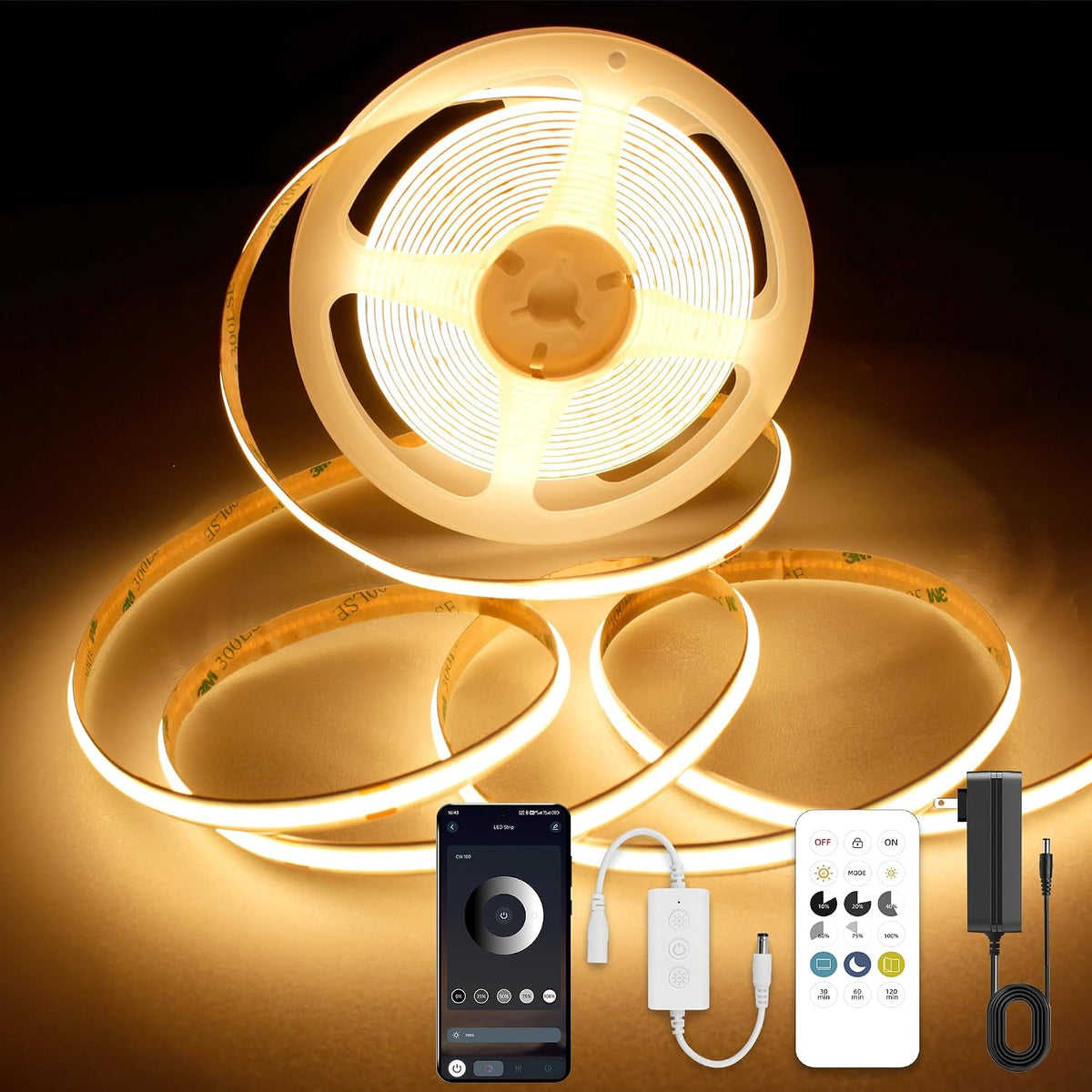 AXMOTUT 9.84Ft Smart COB LED Strip Lights, 24V Warm White 2700K Dimmable LED Light Strips, High Bright LED Tape Light with Power Supply and App Control LED Lights for Tv,Mirror, Kitchen Cabinet, Shelf