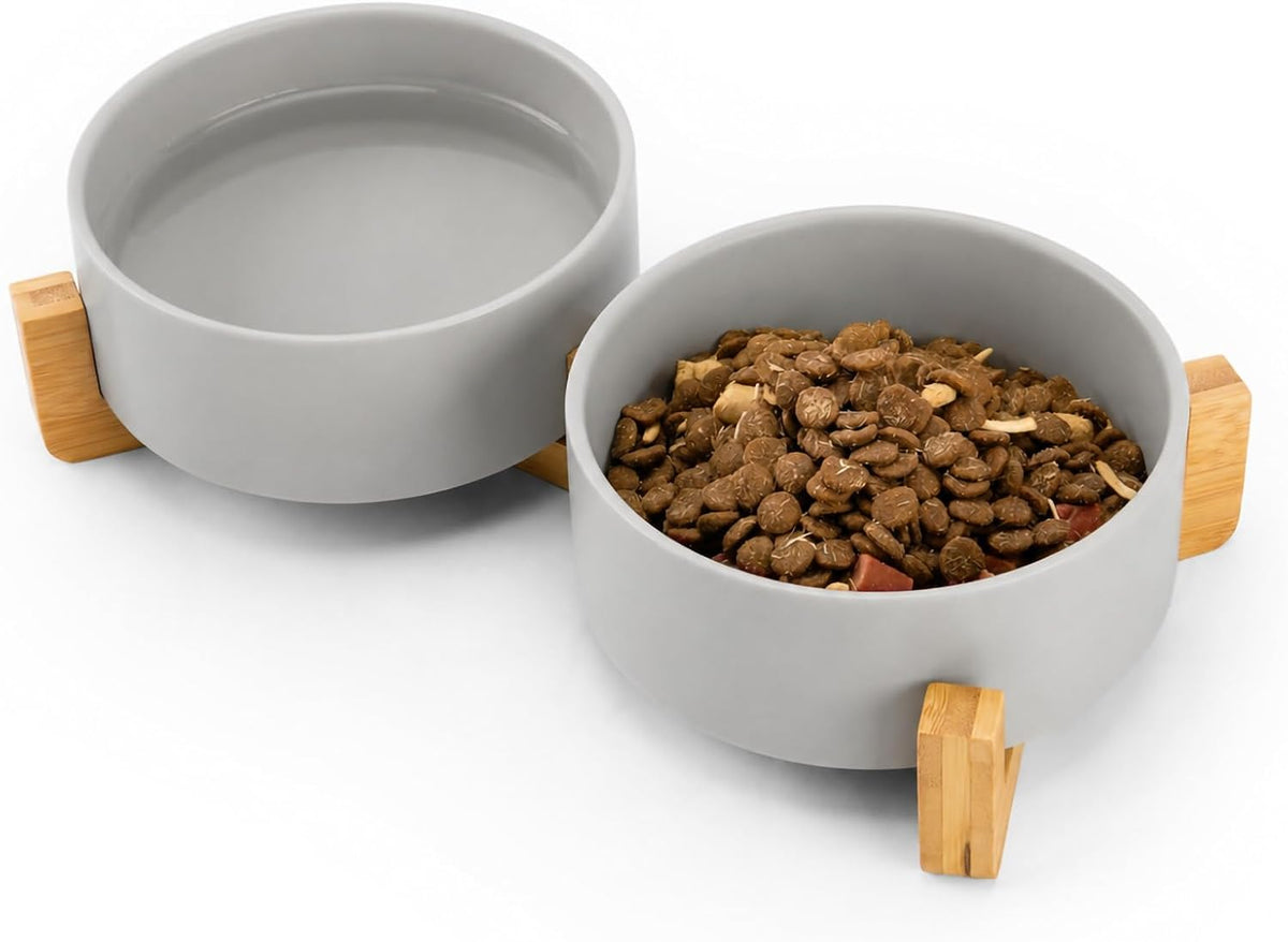 Mateeylife Ceramic Dog and Cat Bowls with Stand, 1.7Cup Dog Bowls Set,Grey