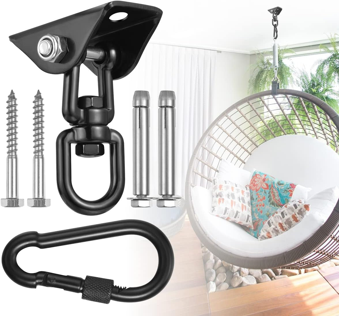 Hammock Hanging Kit,Hanging Chair Hardware 360°Rotating 1000 Lb Capacity Hammock Hooks Heavy Duty,Hammock Chair Hanging Kit & Swing Ceiling Hook Snap for Hammock Chair Stand,Seat, Tree,Yoga,Gym(Black)
