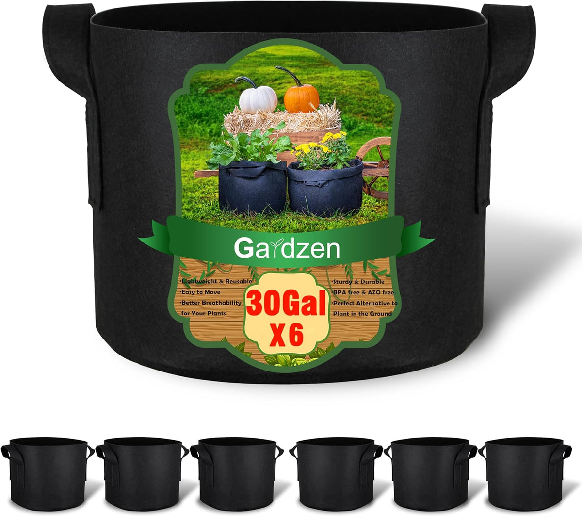 Gardzen 6-Pack 30 Gallon Grow Bags, Aeration Fabric Pots with Handles, Heavy Duty Cloth Pots for Plants