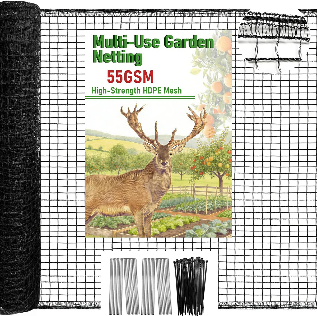4 X 75Ft Deer Fence Netting, Heavy Duty Plastic Mesh Fence Deer Netting, 55GSM Deer Fence for Garden, Reinforced Edges anti Bird Netting Mesh for Trees Vegetable Raised Bed(55Gsm, 4 X 75Ft)