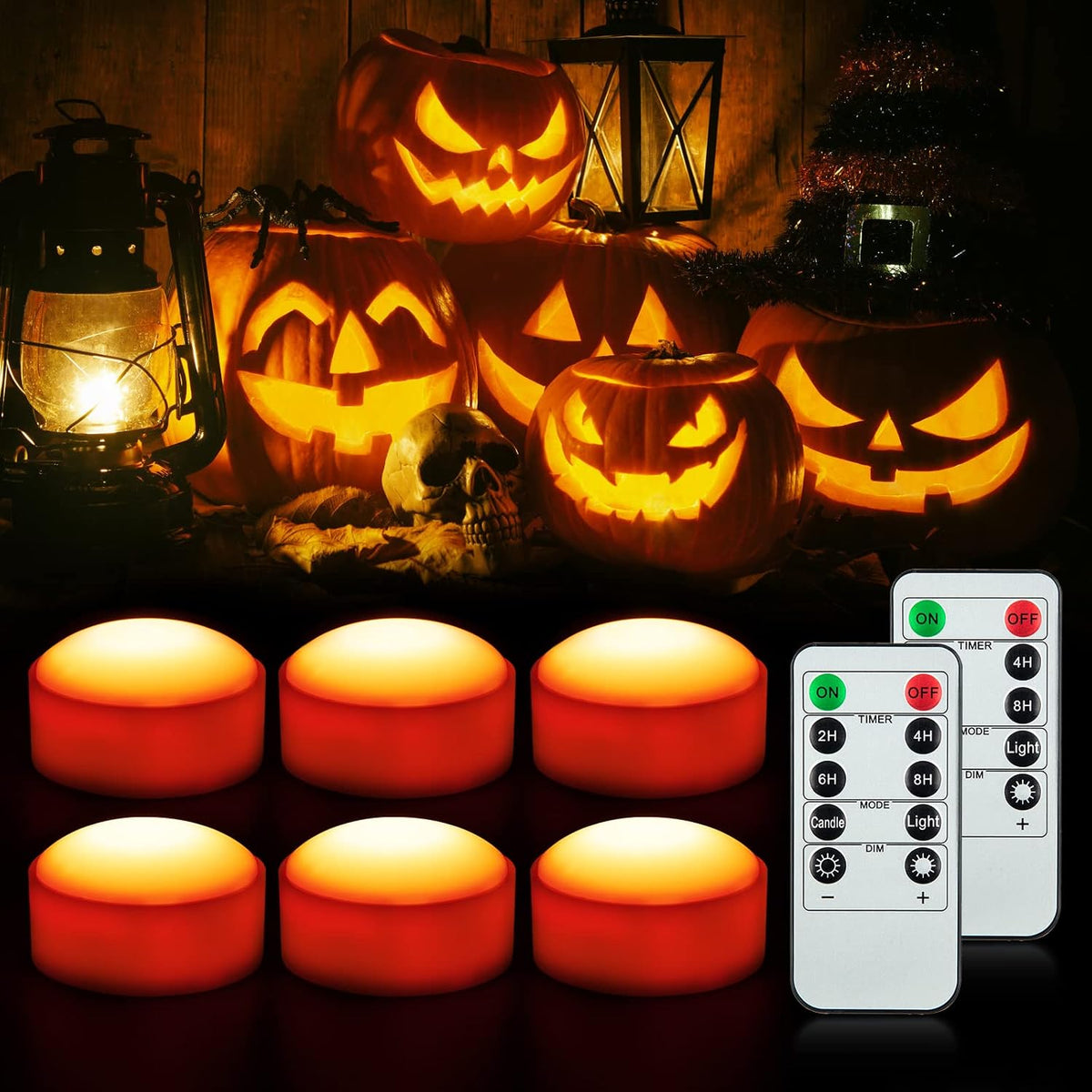 LED Flameless Pumpkin Lights with Remote,Flickering Jack-O-Lantern Lights with Timer,Battery Operated Dimmable Halloween Candle Light for Halloween Indoor/Oudoor Decorations,6 Packs