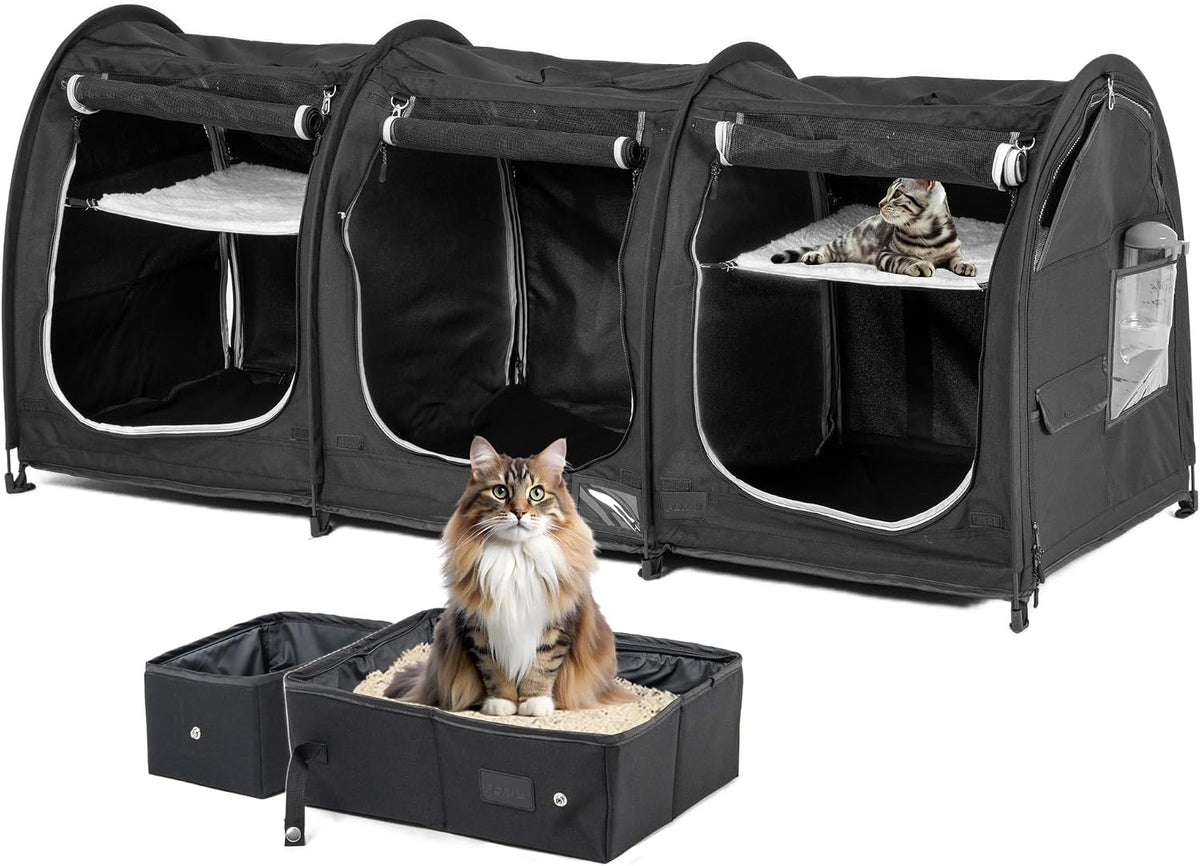 Portable Three Compartment Show House Cat Cage Condo - Easy to Fold & Carry Kennel - Comfy Puppy Home & Dog Travel Crate with Portable Carry Bag,2 Hammocks,3 Mats and Collapsible Litter Boxs