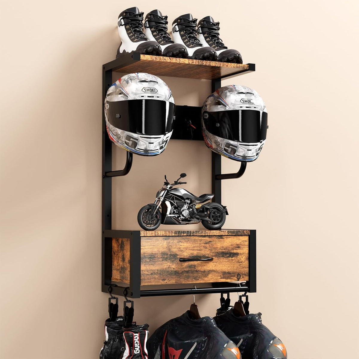 Motorcycle Helmet Holder Wall Mounted, Helmet Holder Wall Mount with Helmets Rack and Hooks for for 6 Helmets, Riding Suits & Accessories, Sturdy Construction Storage Organizer for Entryway or Garage