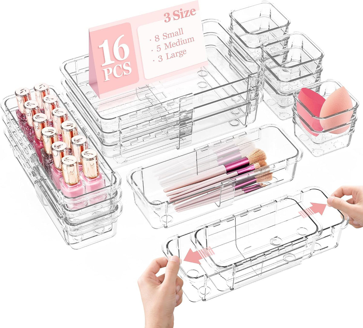 DILIBRA 16 Pcs Clear Extendable Drawer Organizer, Adjustable Drawer Storage