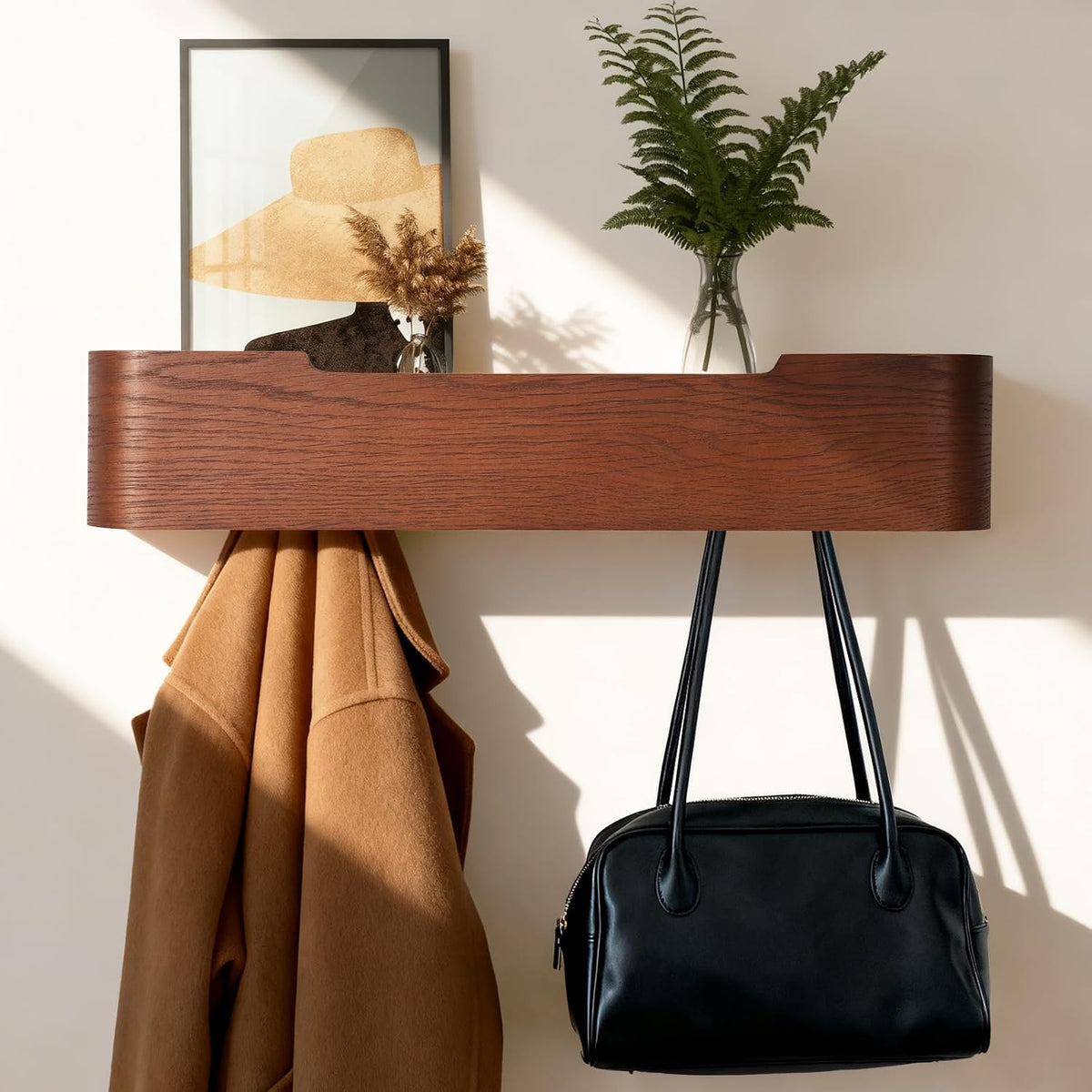 Coat Rack Wall Mount with Shelf Entryway Shelf Modern Key Holder Hanger Wall Shelves with Hidden Hooks for Hanging Towels Coats Hats Bags for Hallway Bathroom Bedroom(Walnut Color, 5 Hooks)