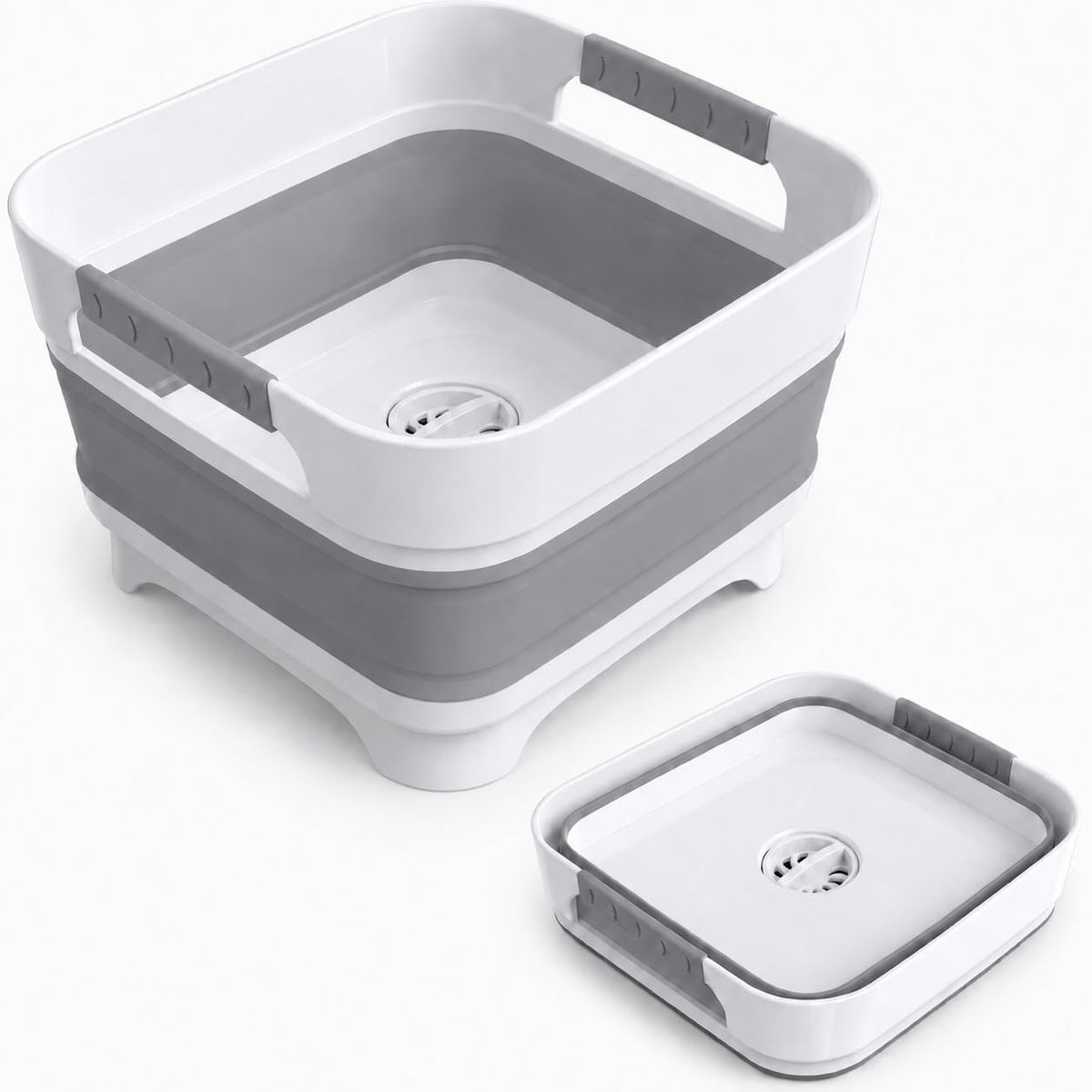 Goderewild Collapsible Wash Basin with Drain Plug, 9L Dish Tub, Gray