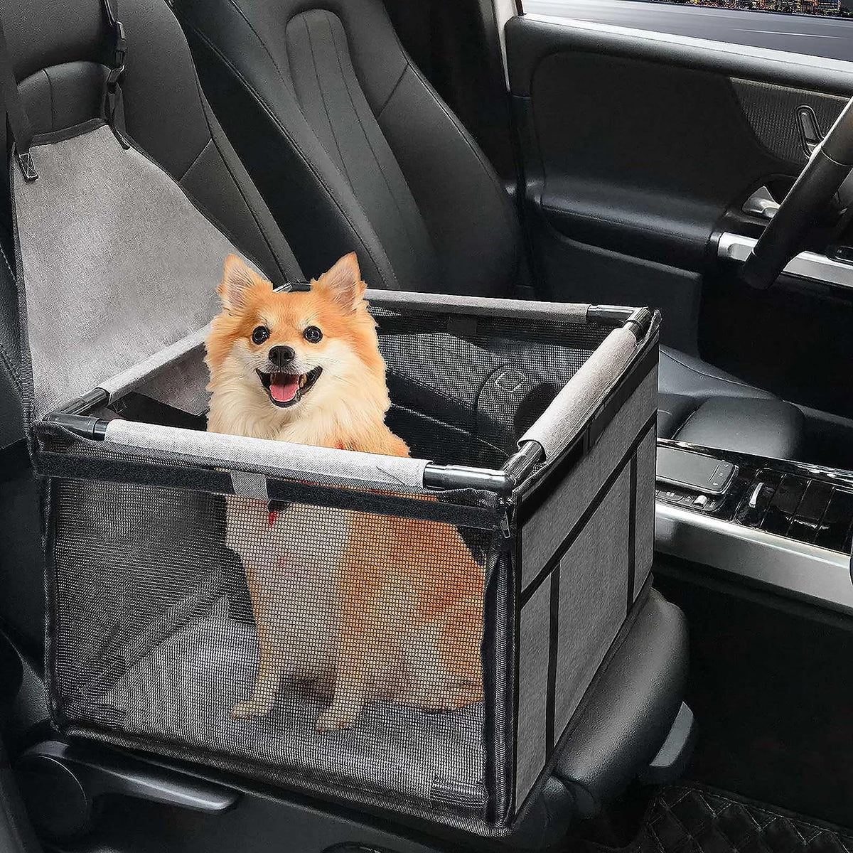 GENORTH Dog Car Seats for Small and Medium Dogs,Portable Puppy/Pet Car Booster Seat with Clip-On Leash and Mesh Window for Pet up to 20 Lbs