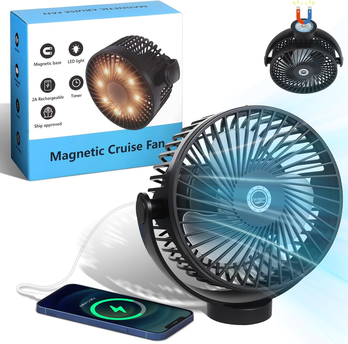 Magnetic Cruise Fan with 8000Mah Rechargeable Battery, LED Light, Timer&Power Output, Magnetically Sticks on Cabin Ceilings and Walls, Ship Approved Cabin Air Circulator