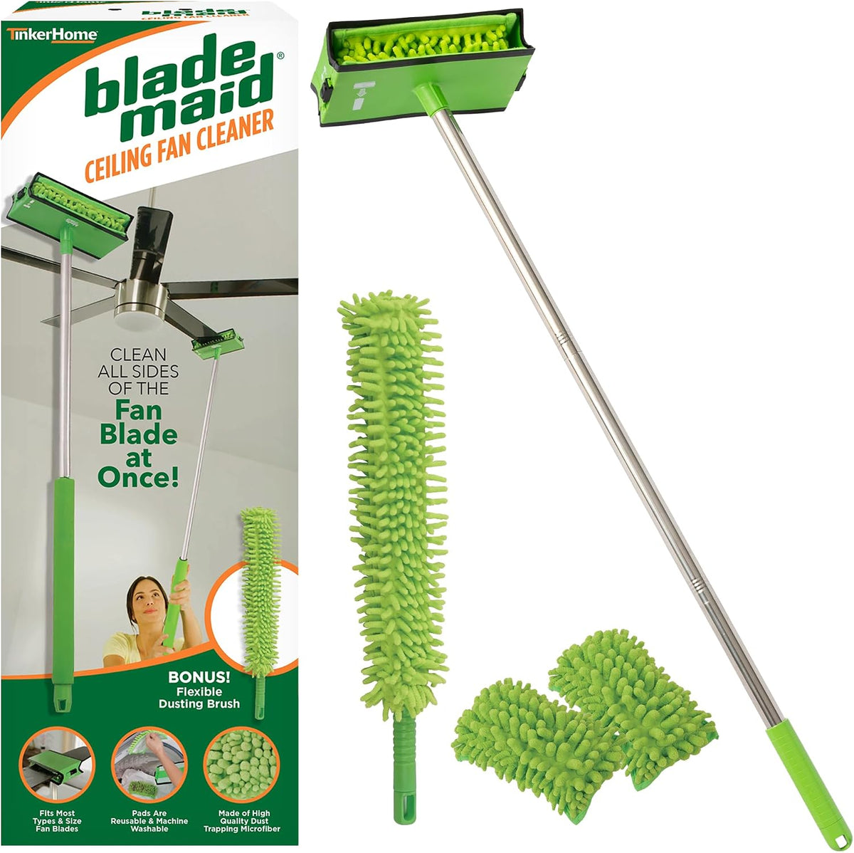 Blade Maid Ceiling Fan Blade Cleaner & Duster | Extendable Pole for High Ceilings, Moldings, Blinds, Walls & Cars, Corner Cleaning Tool, with Reusable Microfiber Pads | Size 3 Feet (Pack of 1)