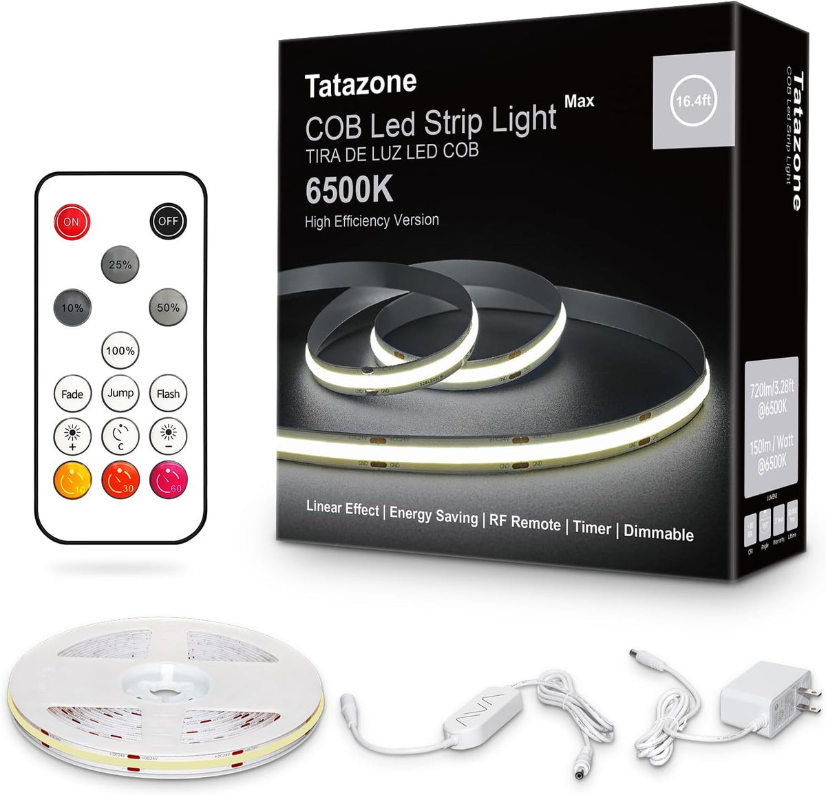 Tatazone 6500K 16.4Ft White COB Led Strip Lights Max with RF Remote