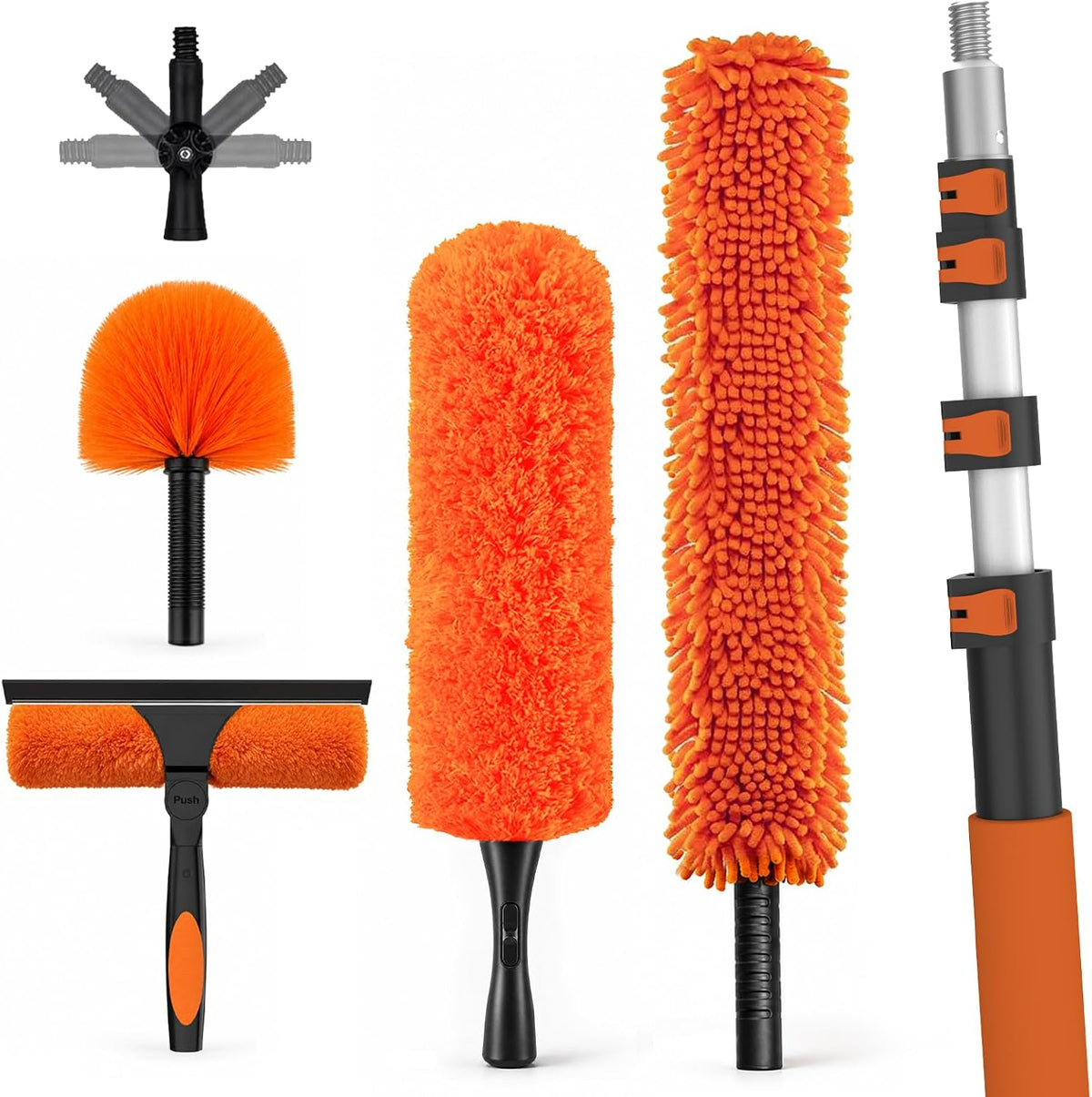 LAANPOLE 26FT High Reach Duster Cleaning Kit with Extension Pole, High Ceiling Fan Cleaner Duster Tool for Fan Blades, Window Washing Kit with Microfiber Feather Duster & Window Squeegee