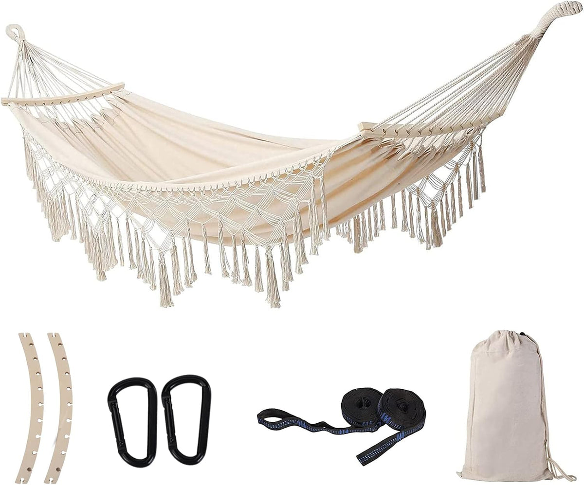 Hammock Hanging Swing Double Max 500Lbs Macrame for Indoor Outdoor Patio Yard Garden (Beige)