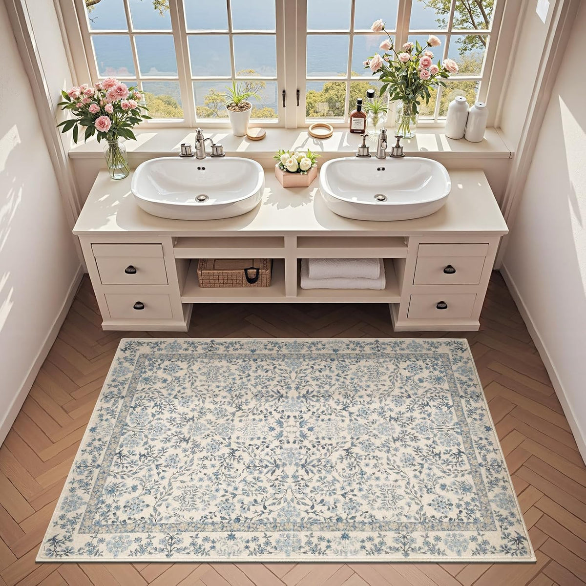 Jinchan 3X5 Washable Living Room Area Rug, Vintage Floral, Blue/Cream