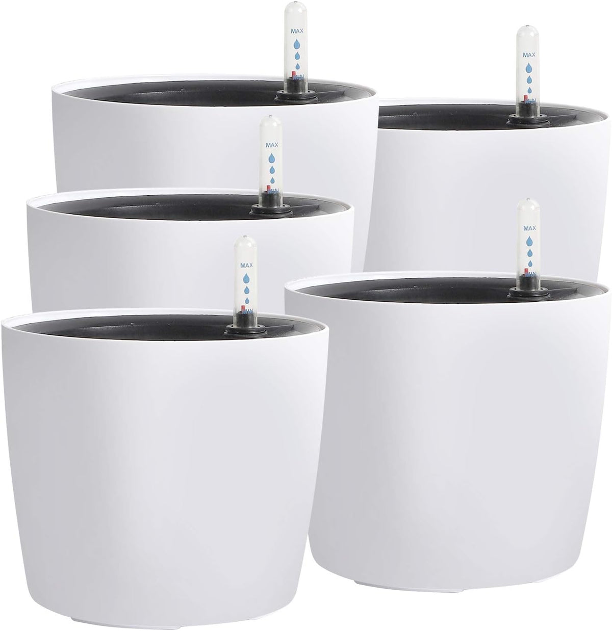 KINJOEK 5 Packs 7 Inch Self Watering Pot with Water Level Indicator, Modern Garden Decorative White Flower Pot, Flowers, African Violets, Succulents, White