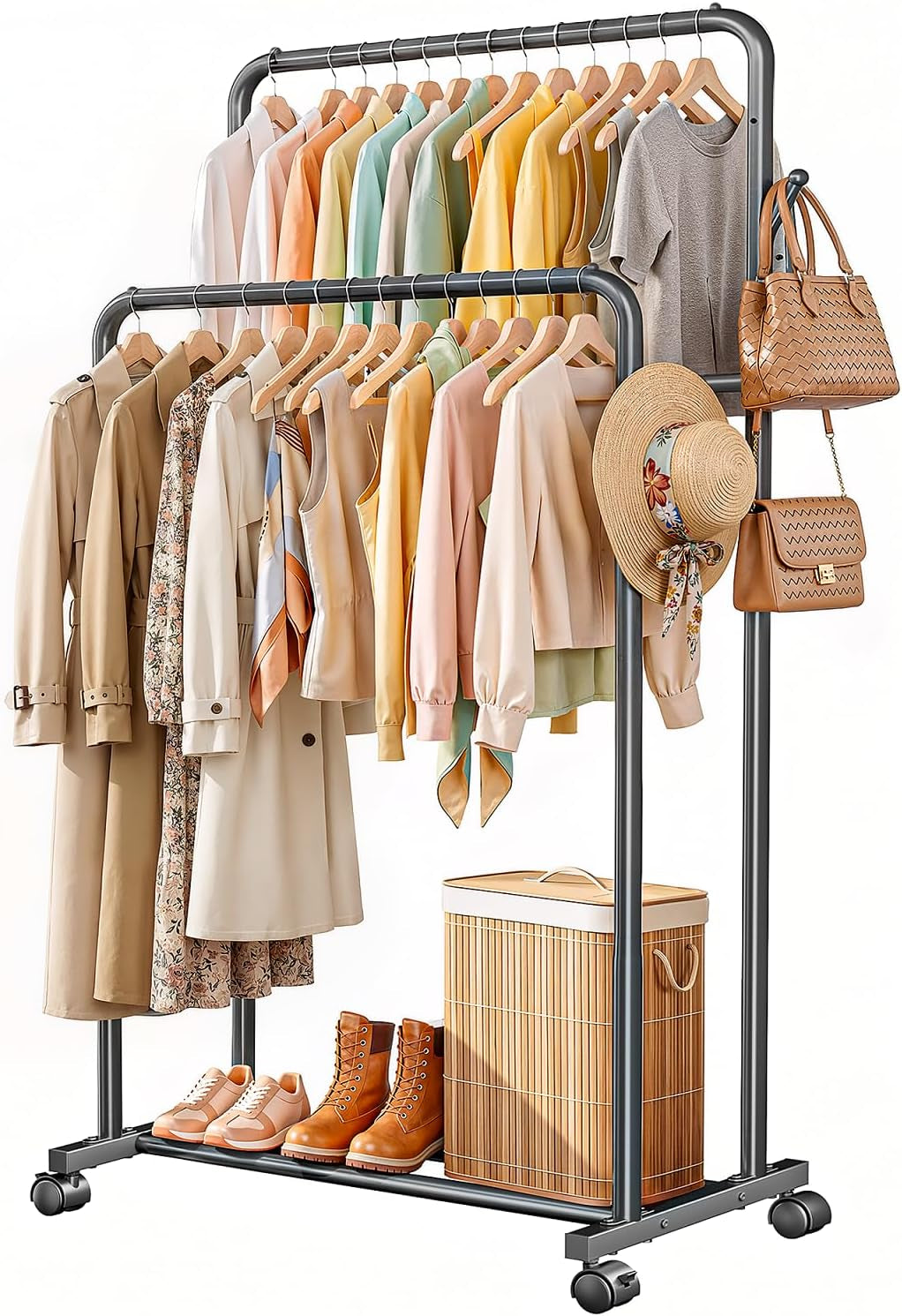 Delamu Clothes Rack Double Rods, Black, 65''Hx32''W