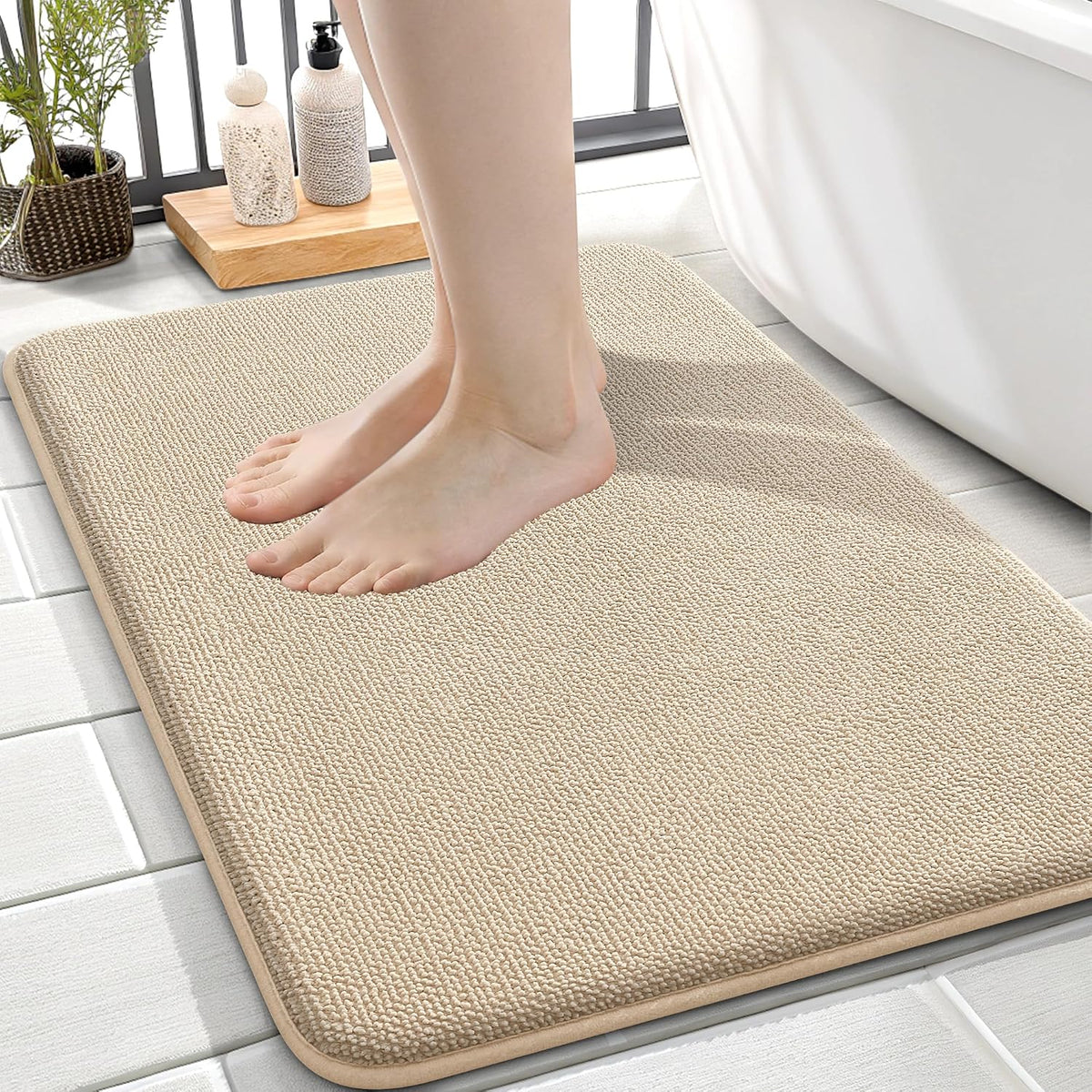 OLANLY Memory Foam Small Bathroom Rugs 24X16, Absorbent Bath Mat, Beige