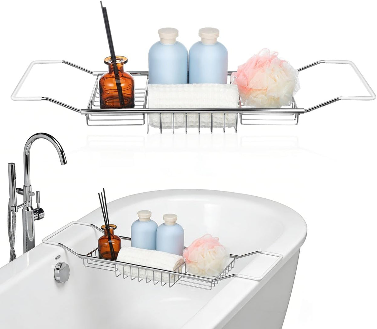 Hemobllo Expandable Stainless Steel Bathtub Caddy Tray anti Slip Bath Rack over Tub Organizer for Towels Soap Phone 25.2-37 In