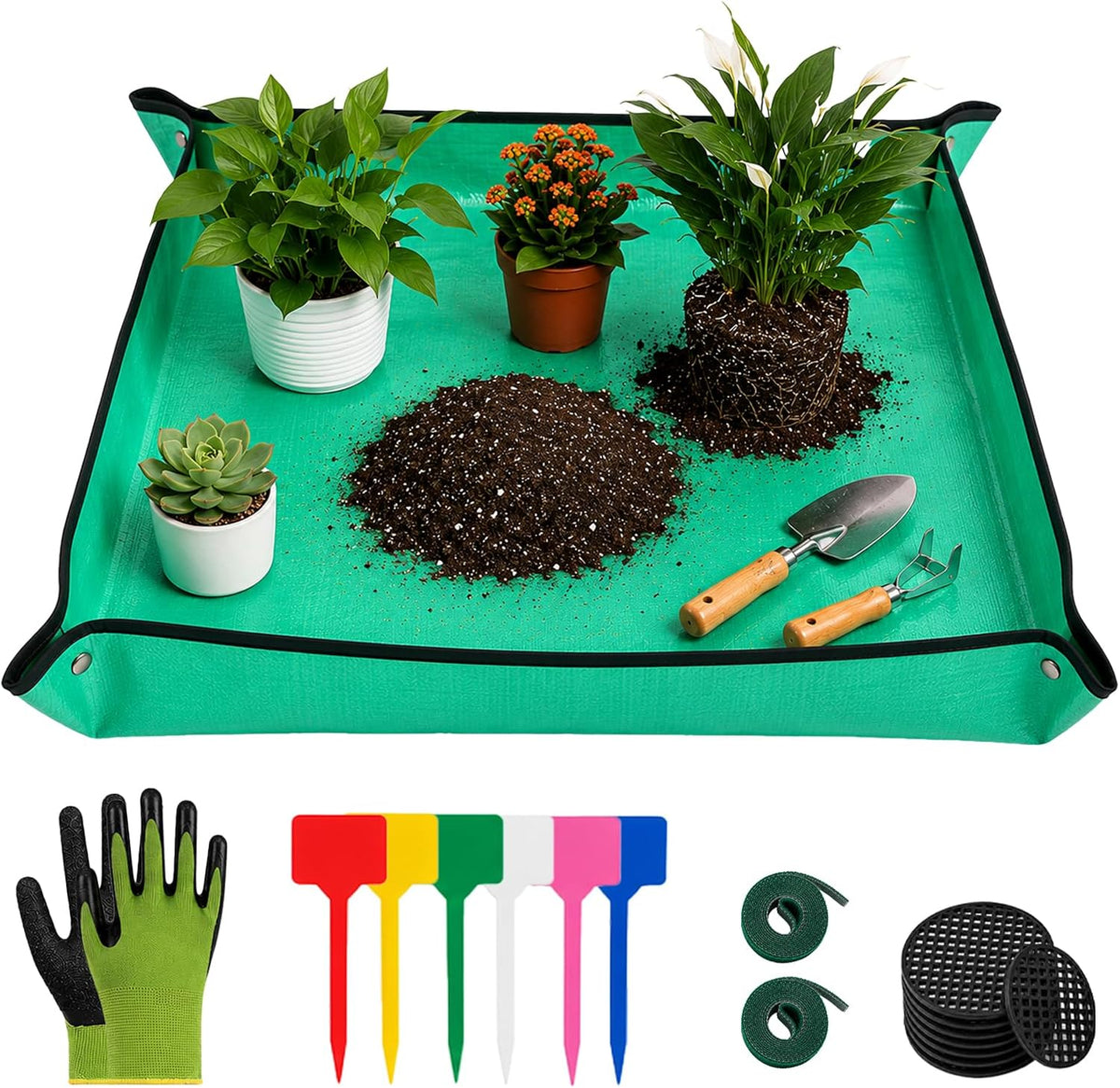 Repotting Mat for Indoor Plants with Gloves, Labels, Ties & Drainage Pads