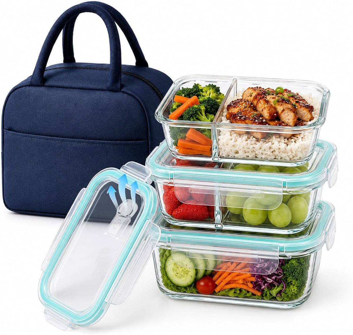 Glass Meal Prep Containers 3 Pack – Upgraded Version with Steam Vent Lids, 2 Compartment & Single Compartment Glass Food Storage Containers, Leakproof Meal Prep Containers Glass for Lunch