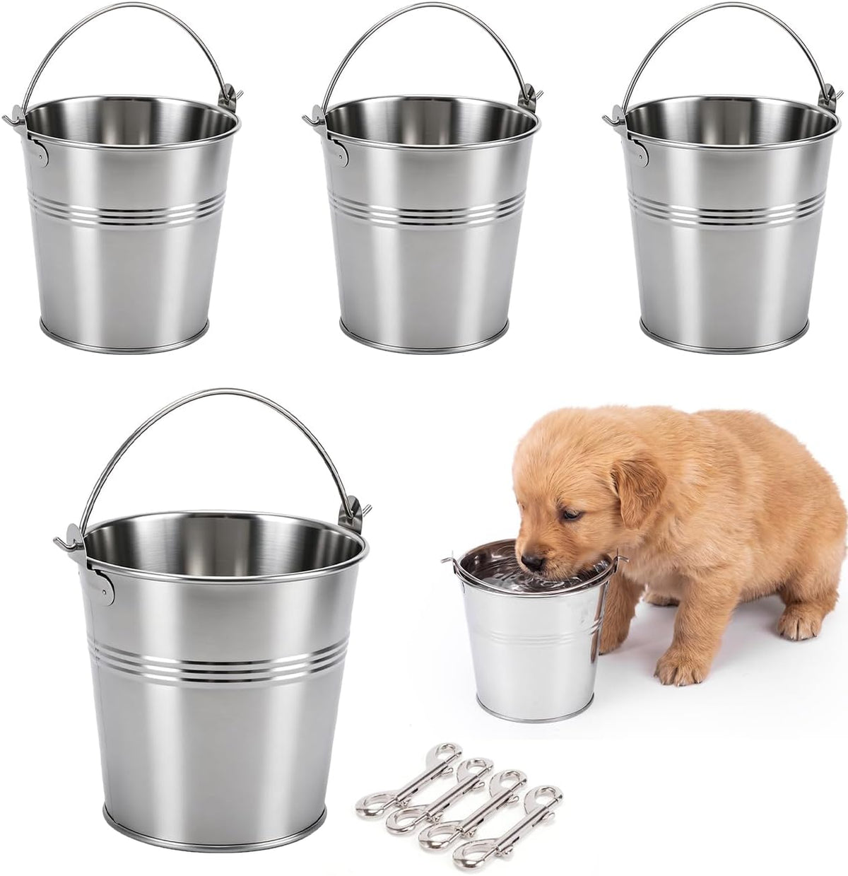 4 Pack 1 Quart Stainless Steel Dog Water Bucket with Handle