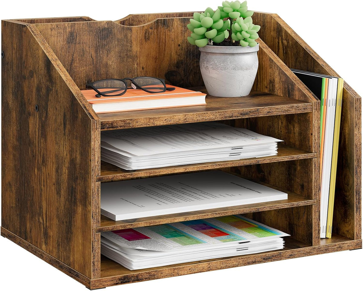 Wooden Desk Organizer with Adjustable Partitions, Rustic Brown