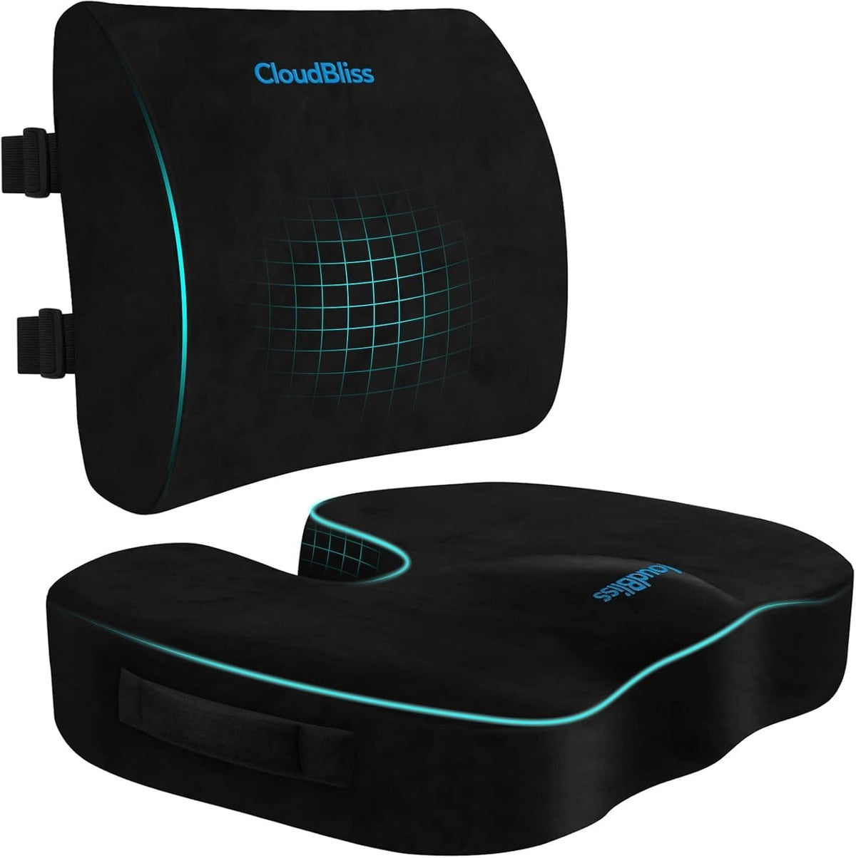 Cloudbliss Ergonomic Seat Cushion & Lumbar Support Pillow Set, Black,Large