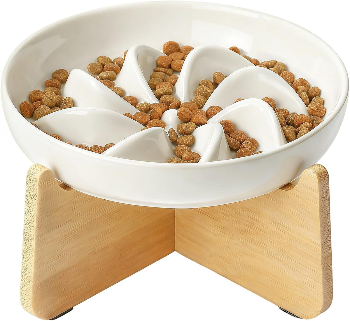 PETTOM Slow Feeder Cat Bowl Elevated Ceramic with Bamboo Stand, Lotus